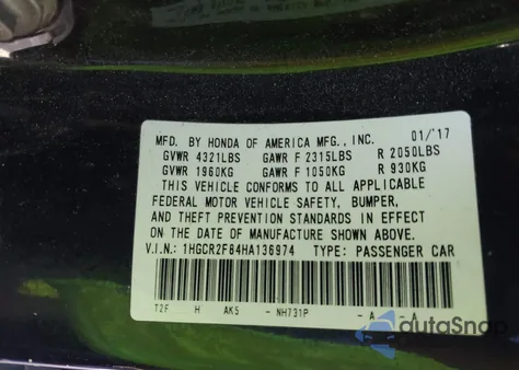 2017 Honda Accord Ex-L z USA, uszkodzony, nr VIN 1HGCR2F84HA136974